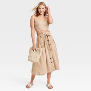Universal Thread Paperbag Waist Linen Blend Midi Skirt